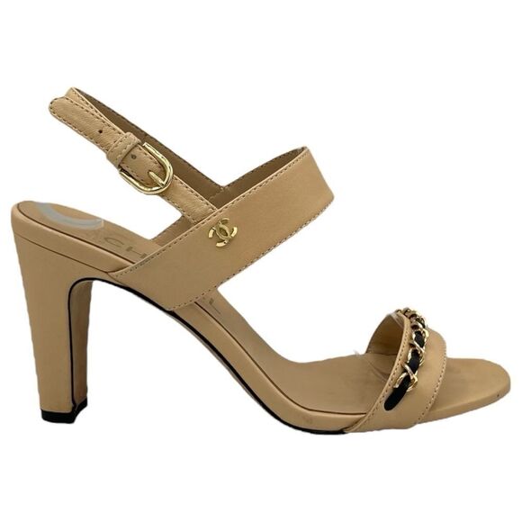Chanel Beige Leather Open Toe Chain Heeled Slingback Sandals - Picture 1 of 9